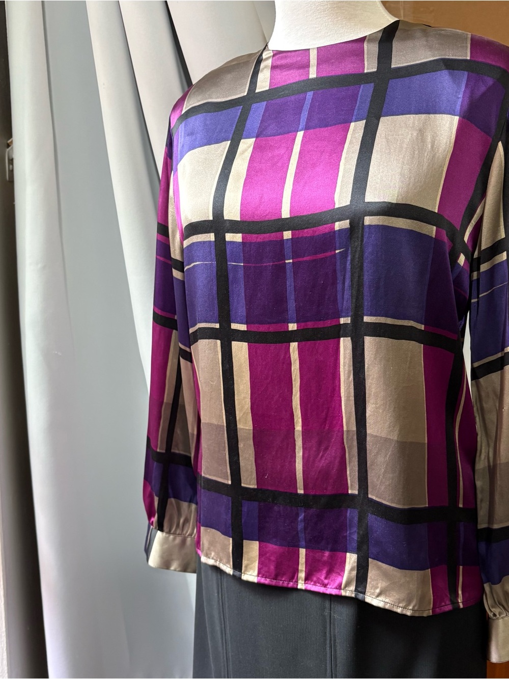 Silk Geometric Plaid Long-Sleeve Blouse — Purple/Magenta, Button up Back S6